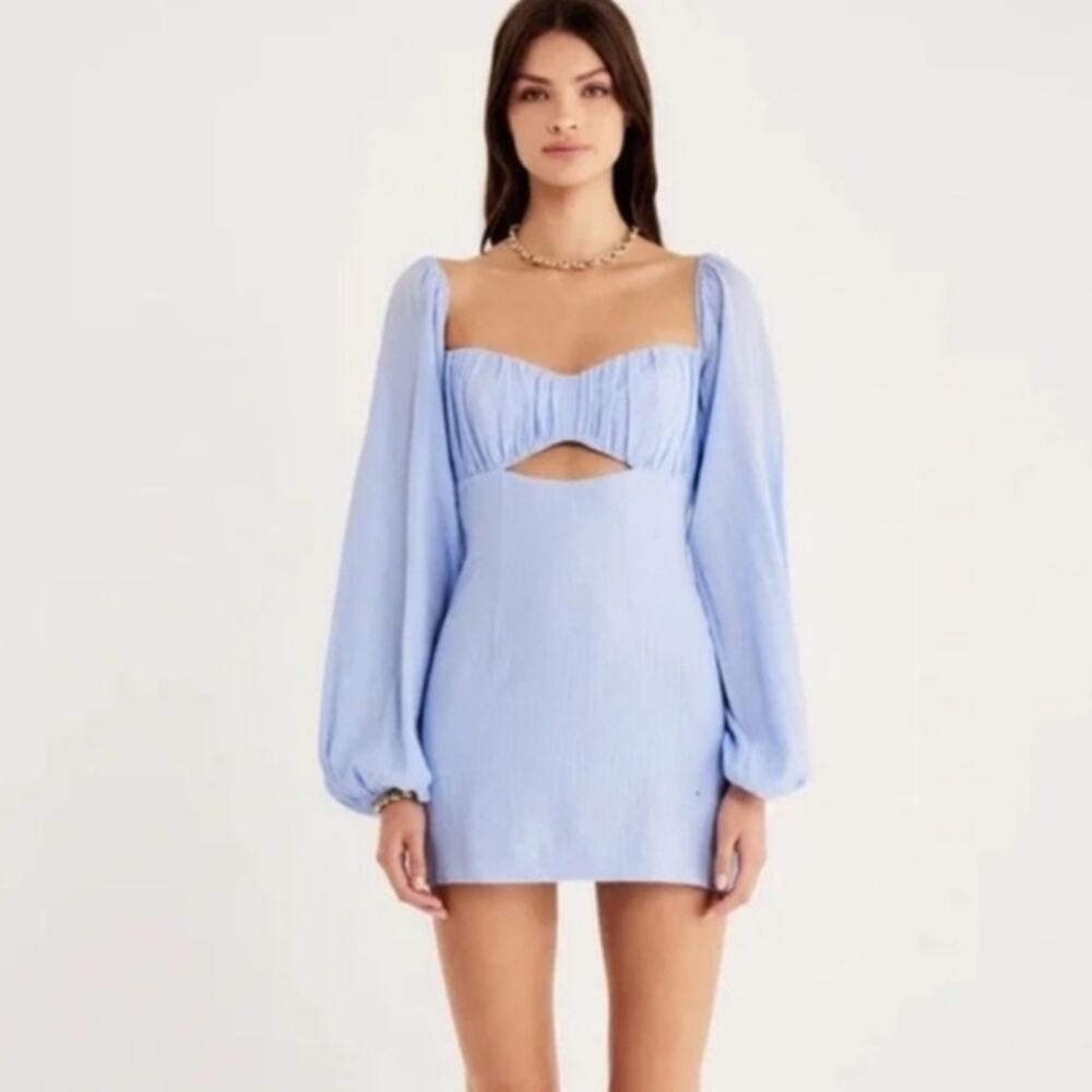 Rumer The Label Camille Mini Dress Blue Cutout Puff Sleeve Coquette NWT Small